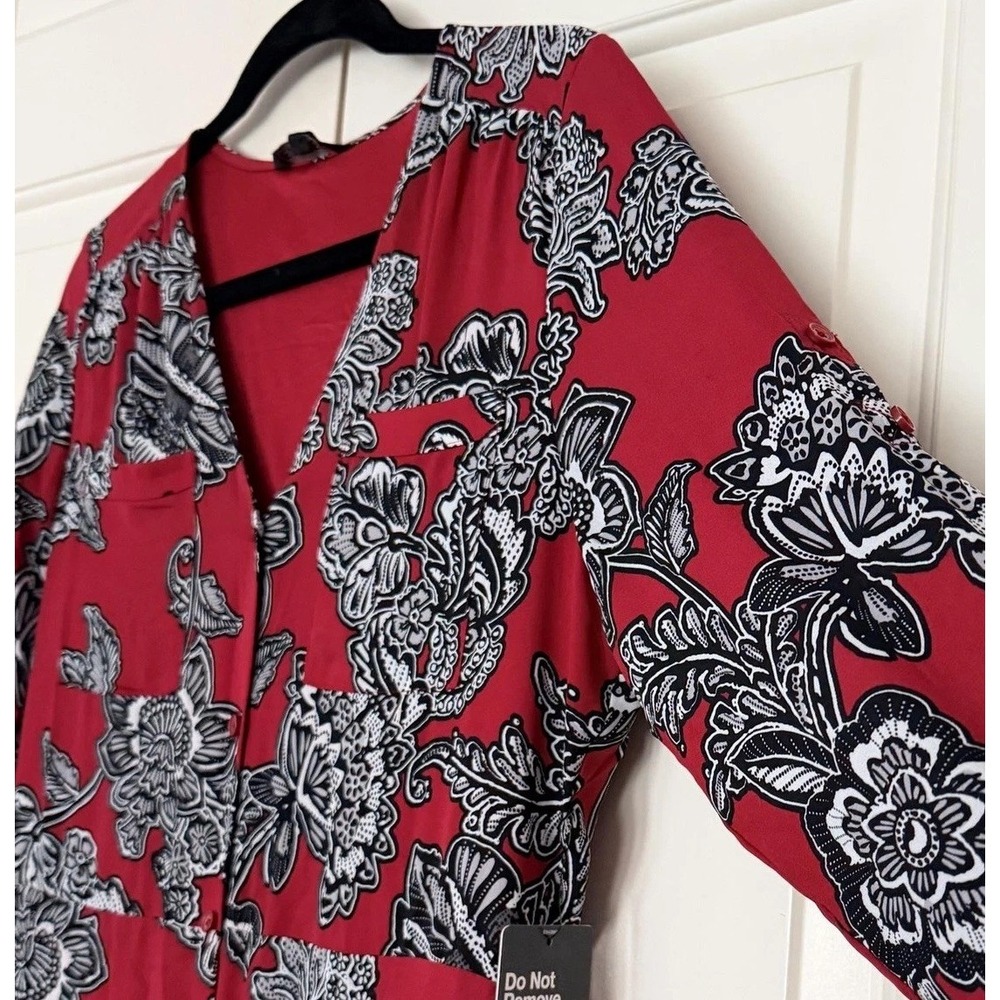 Express Dress Womens SM Red Floral Maxi Shirt Button Front Boho Roll Tab Sleeve
